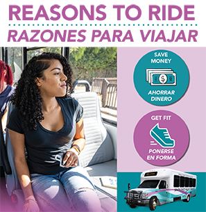 Image of a bus and a woman sitting on the bus with a title of Reasons to Ride.