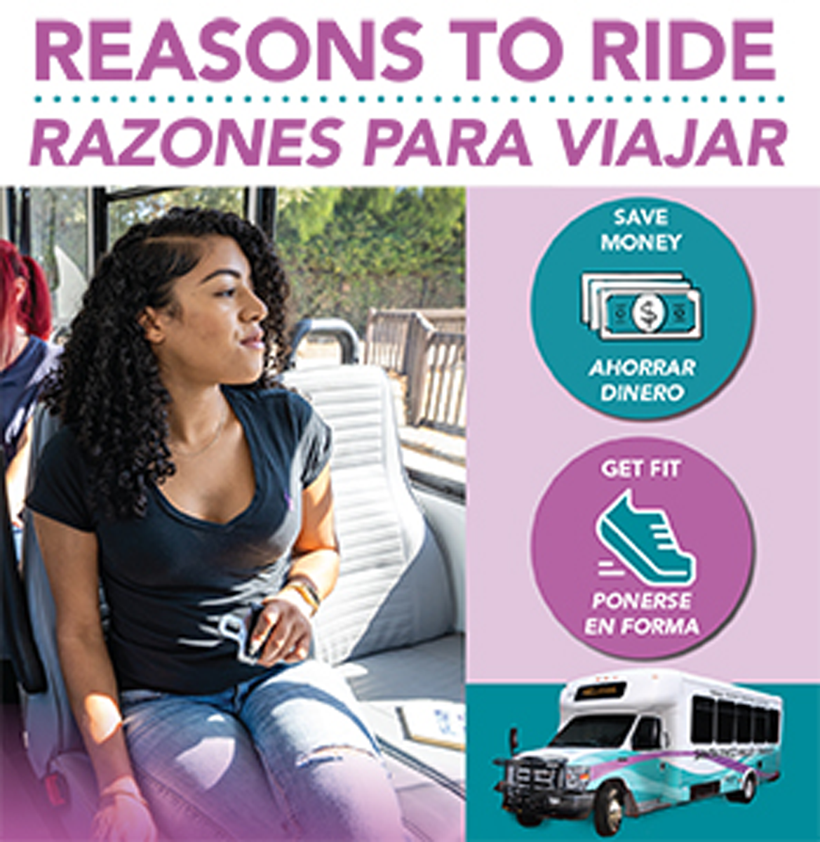 Image of a bus and a woman sitting on the bus with a title of Reasons to Ride.